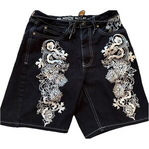 Ninth Waylay Hall Men's Black Denim Jean Shorts Embroidered Graphic Pockets 28